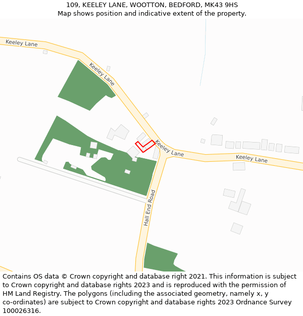 109, KEELEY LANE, WOOTTON, BEDFORD, MK43 9HS: Location map and indicative extent of plot