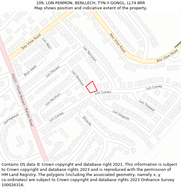 109, LON PENMON, BENLLECH, TYN-Y-GONGL, LL74 8RR: Location map and indicative extent of plot