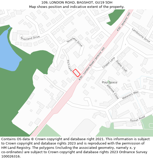 109, LONDON ROAD, BAGSHOT, GU19 5DH: Location map and indicative extent of plot