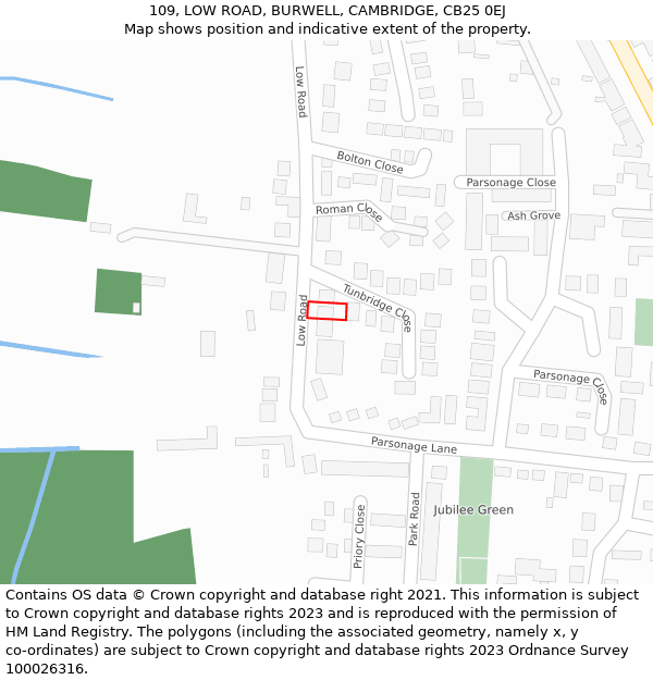 109, LOW ROAD, BURWELL, CAMBRIDGE, CB25 0EJ: Location map and indicative extent of plot