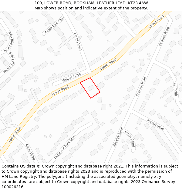 109, LOWER ROAD, BOOKHAM, LEATHERHEAD, KT23 4AW: Location map and indicative extent of plot