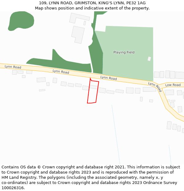 109, LYNN ROAD, GRIMSTON, KING'S LYNN, PE32 1AG: Location map and indicative extent of plot