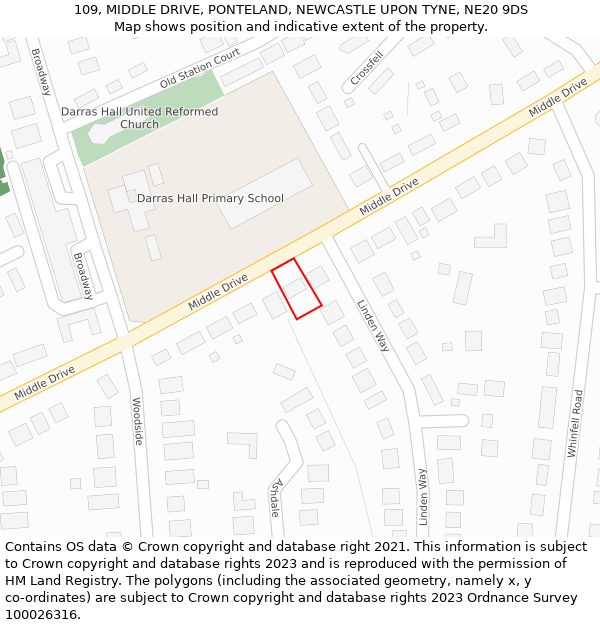 109, MIDDLE DRIVE, PONTELAND, NEWCASTLE UPON TYNE, NE20 9DS: Location map and indicative extent of plot