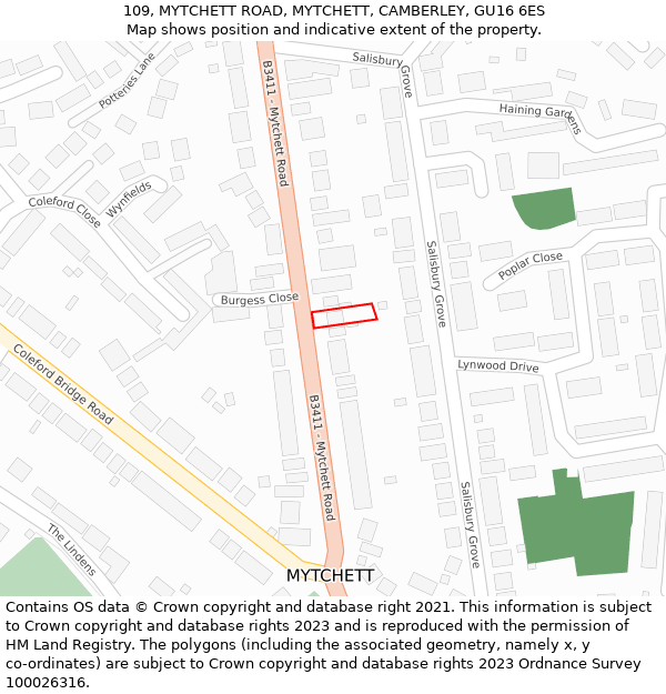 109, MYTCHETT ROAD, MYTCHETT, CAMBERLEY, GU16 6ES: Location map and indicative extent of plot