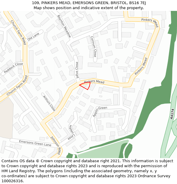109, PINKERS MEAD, EMERSONS GREEN, BRISTOL, BS16 7EJ: Location map and indicative extent of plot