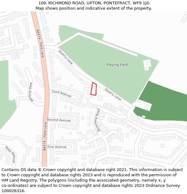 109, RICHMOND ROAD, UPTON, PONTEFRACT, WF9 1JG: Location map and indicative extent of plot