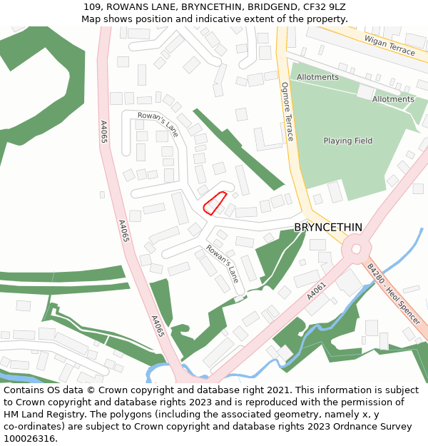 109, ROWANS LANE, BRYNCETHIN, BRIDGEND, CF32 9LZ: Location map and indicative extent of plot