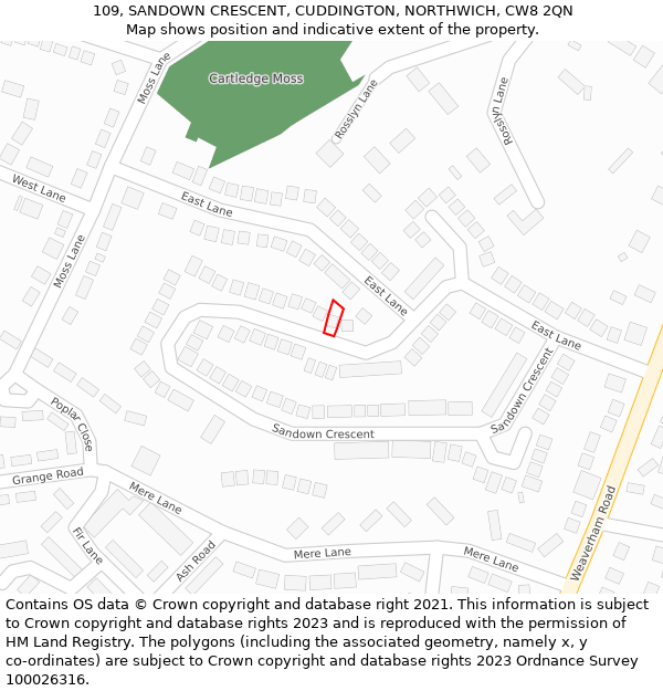 109, SANDOWN CRESCENT, CUDDINGTON, NORTHWICH, CW8 2QN: Location map and indicative extent of plot