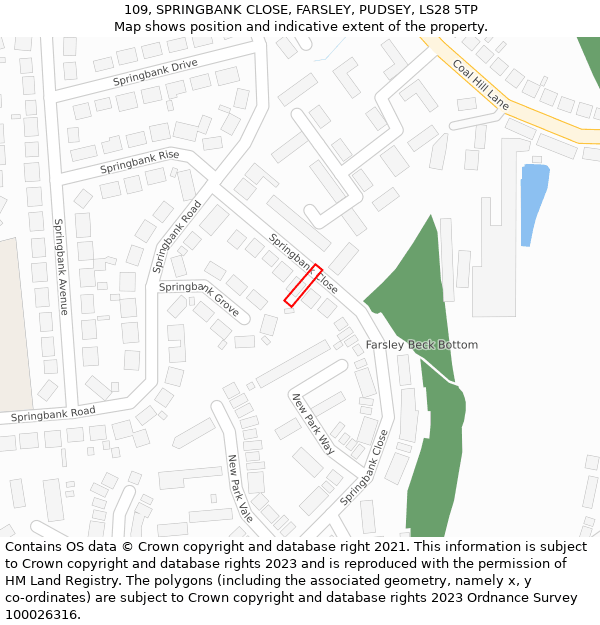 109, SPRINGBANK CLOSE, FARSLEY, PUDSEY, LS28 5TP: Location map and indicative extent of plot
