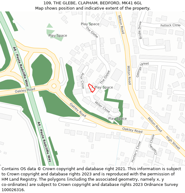 109, THE GLEBE, CLAPHAM, BEDFORD, MK41 6GL: Location map and indicative extent of plot