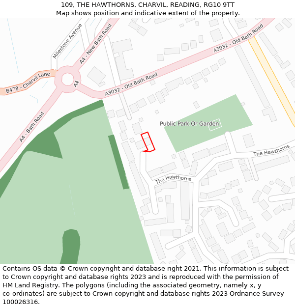 109, THE HAWTHORNS, CHARVIL, READING, RG10 9TT: Location map and indicative extent of plot