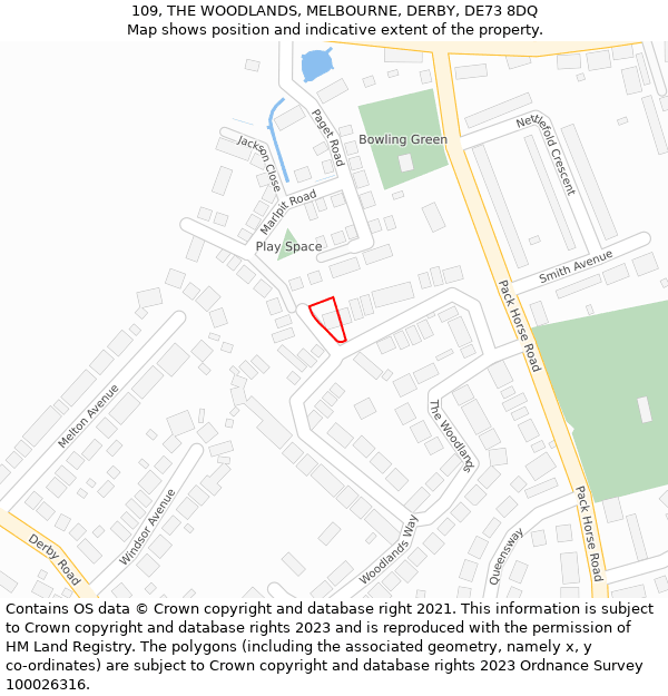 109, THE WOODLANDS, MELBOURNE, DERBY, DE73 8DQ: Location map and indicative extent of plot