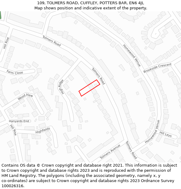 109, TOLMERS ROAD, CUFFLEY, POTTERS BAR, EN6 4JL: Location map and indicative extent of plot