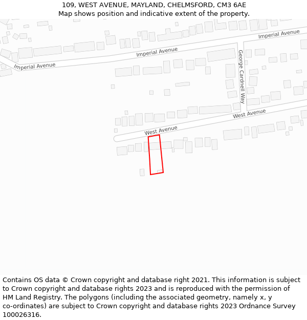 109, WEST AVENUE, MAYLAND, CHELMSFORD, CM3 6AE: Location map and indicative extent of plot