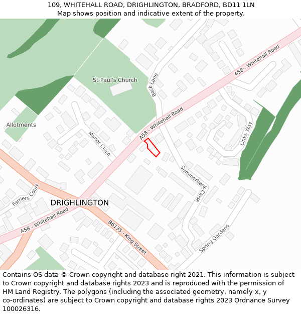 109, WHITEHALL ROAD, DRIGHLINGTON, BRADFORD, BD11 1LN: Location map and indicative extent of plot