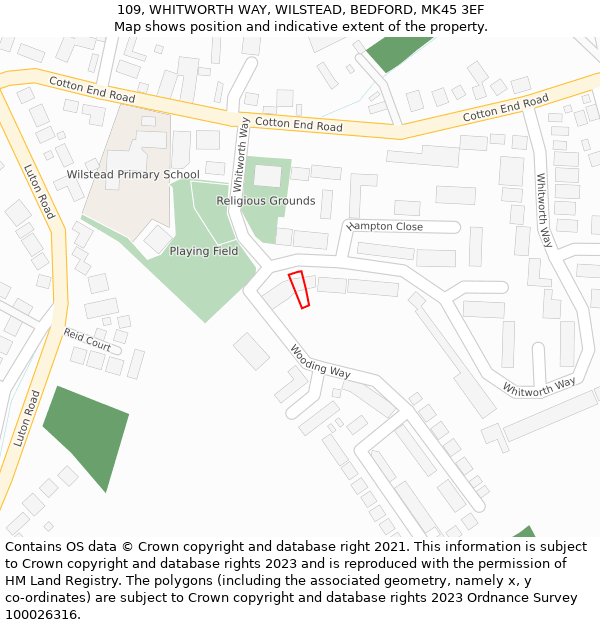 109, WHITWORTH WAY, WILSTEAD, BEDFORD, MK45 3EF: Location map and indicative extent of plot