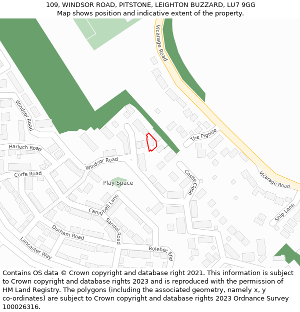 109, WINDSOR ROAD, PITSTONE, LEIGHTON BUZZARD, LU7 9GG: Location map and indicative extent of plot