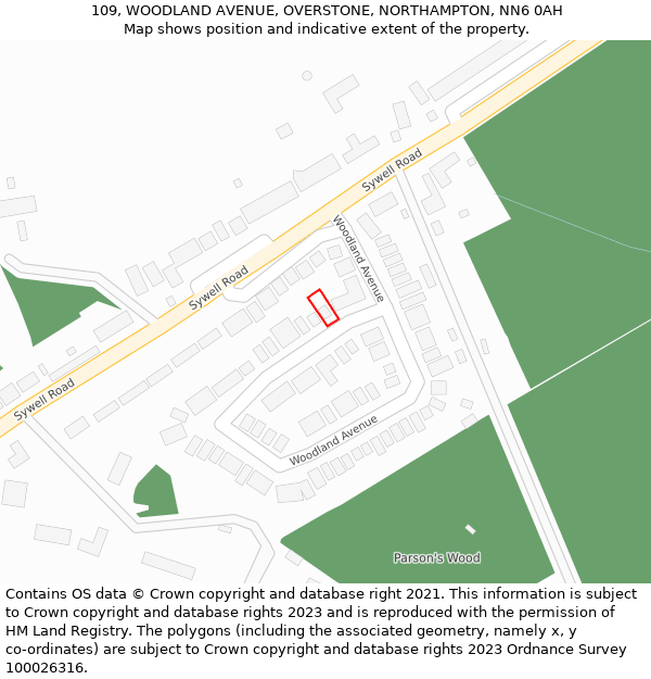 109, WOODLAND AVENUE, OVERSTONE, NORTHAMPTON, NN6 0AH: Location map and indicative extent of plot