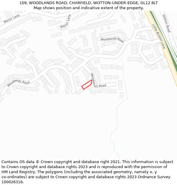 109, WOODLANDS ROAD, CHARFIELD, WOTTON-UNDER-EDGE, GL12 8LT: Location map and indicative extent of plot