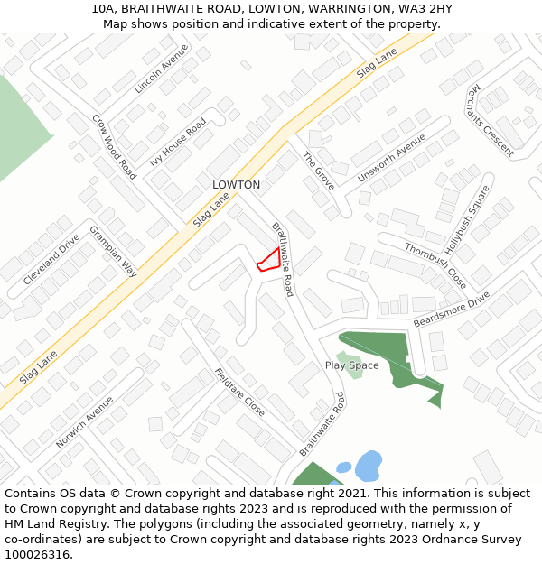 10A, BRAITHWAITE ROAD, LOWTON, WARRINGTON, WA3 2HY: Location map and indicative extent of plot