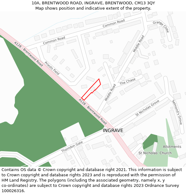 10A, BRENTWOOD ROAD, INGRAVE, BRENTWOOD, CM13 3QY: Location map and indicative extent of plot