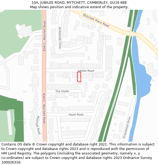 10A, JUBILEE ROAD, MYTCHETT, CAMBERLEY, GU16 6BE: Location map and indicative extent of plot