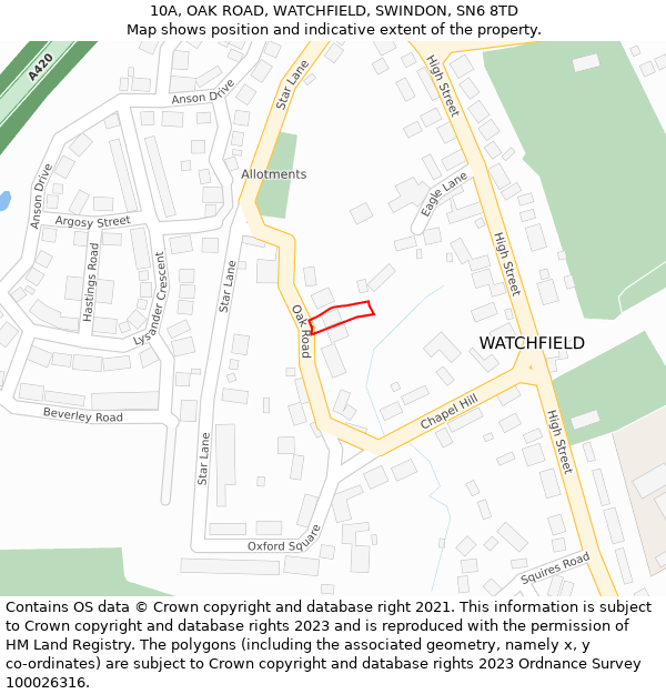 10A, OAK ROAD, WATCHFIELD, SWINDON, SN6 8TD: Location map and indicative extent of plot