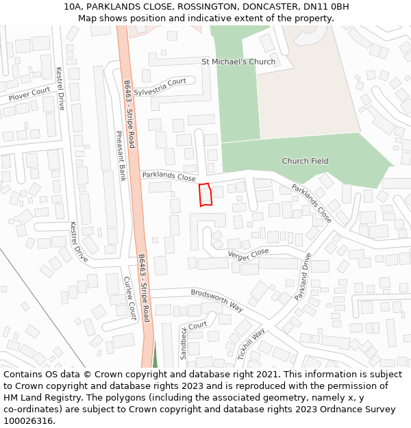 10A, PARKLANDS CLOSE, ROSSINGTON, DONCASTER, DN11 0BH: Location map and indicative extent of plot