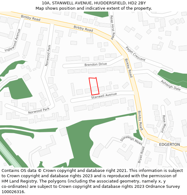 10A, STANWELL AVENUE, HUDDERSFIELD, HD2 2BY: Location map and indicative extent of plot