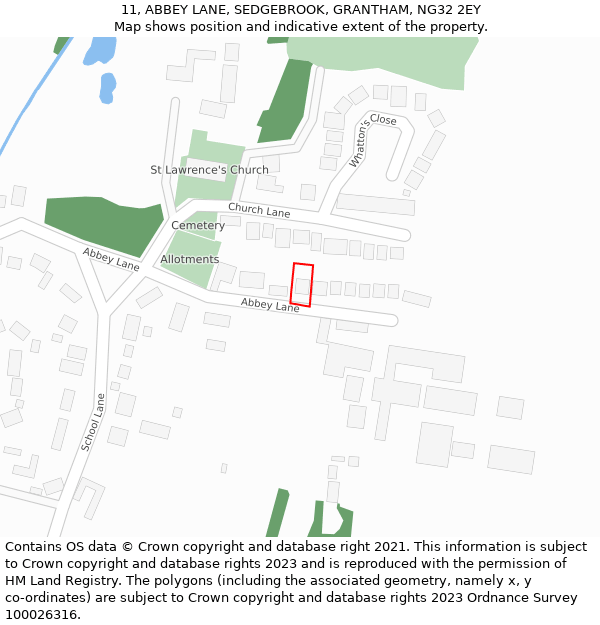 11, ABBEY LANE, SEDGEBROOK, GRANTHAM, NG32 2EY: Location map and indicative extent of plot