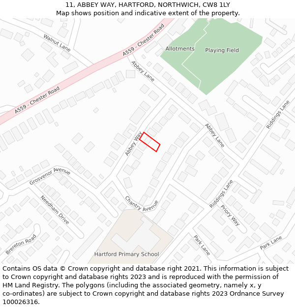 11, ABBEY WAY, HARTFORD, NORTHWICH, CW8 1LY: Location map and indicative extent of plot