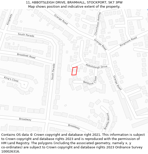 11, ABBOTSLEIGH DRIVE, BRAMHALL, STOCKPORT, SK7 3PW: Location map and indicative extent of plot