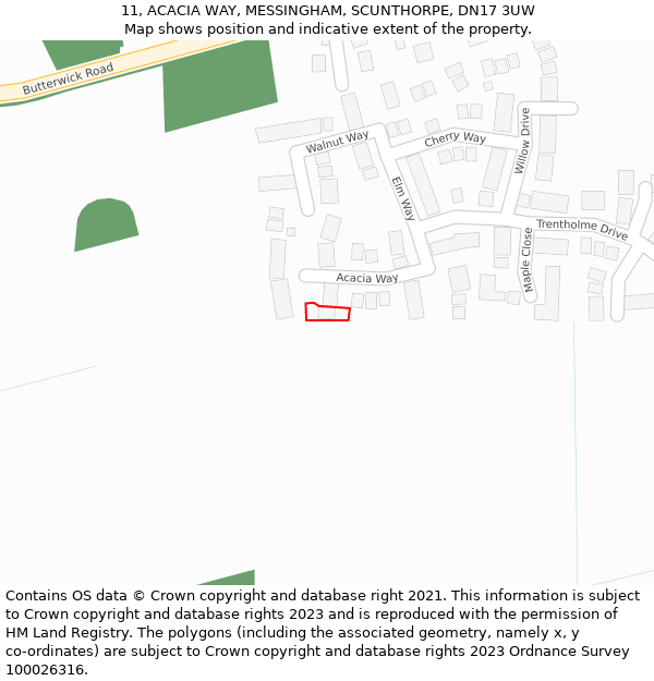 11, ACACIA WAY, MESSINGHAM, SCUNTHORPE, DN17 3UW: Location map and indicative extent of plot
