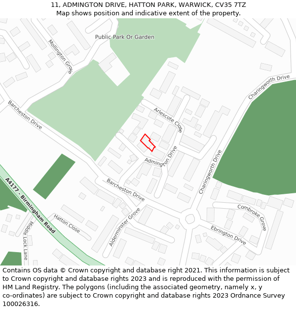 11, ADMINGTON DRIVE, HATTON PARK, WARWICK, CV35 7TZ: Location map and indicative extent of plot