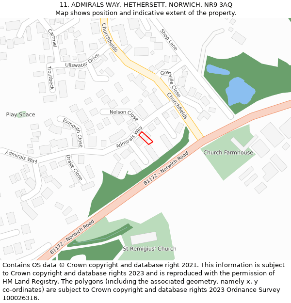 11, ADMIRALS WAY, HETHERSETT, NORWICH, NR9 3AQ: Location map and indicative extent of plot