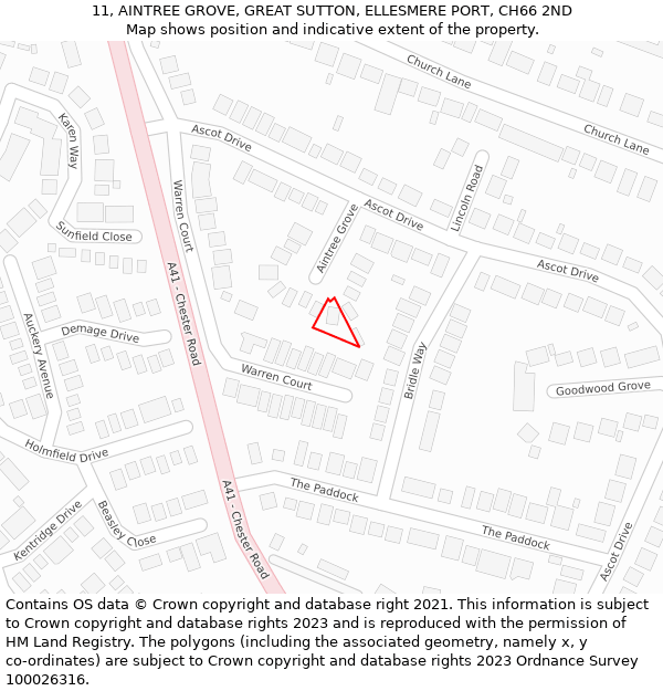 11, AINTREE GROVE, GREAT SUTTON, ELLESMERE PORT, CH66 2ND: Location map and indicative extent of plot