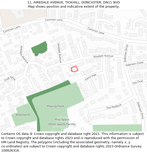 11, AIREDALE AVENUE, TICKHILL, DONCASTER, DN11 9UD: Location map and indicative extent of plot