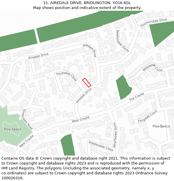 11, AIREDALE DRIVE, BRIDLINGTON, YO16 6GL: Location map and indicative extent of plot