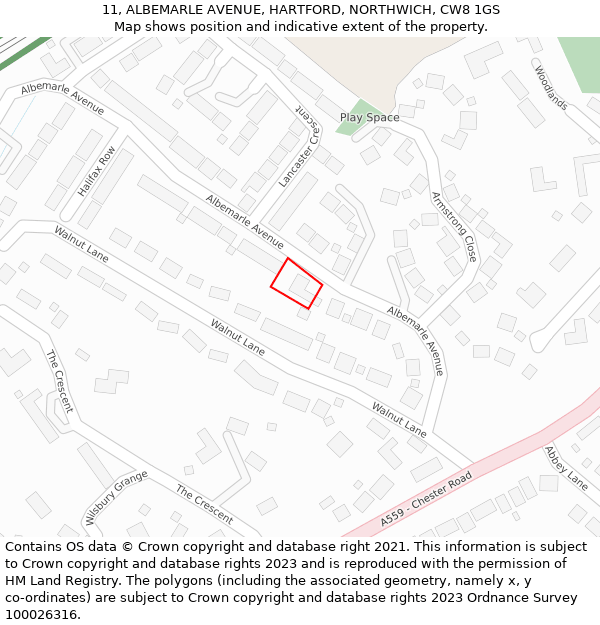 11, ALBEMARLE AVENUE, HARTFORD, NORTHWICH, CW8 1GS: Location map and indicative extent of plot