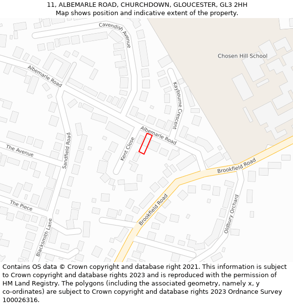 11, ALBEMARLE ROAD, CHURCHDOWN, GLOUCESTER, GL3 2HH: Location map and indicative extent of plot