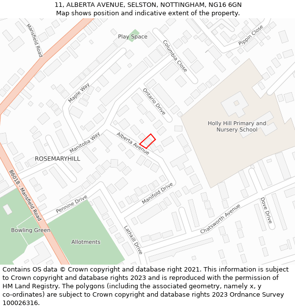 11, ALBERTA AVENUE, SELSTON, NOTTINGHAM, NG16 6GN: Location map and indicative extent of plot