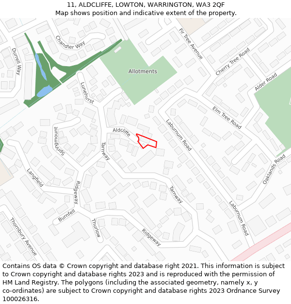 11, ALDCLIFFE, LOWTON, WARRINGTON, WA3 2QF: Location map and indicative extent of plot