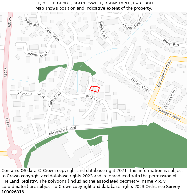 11, ALDER GLADE, ROUNDSWELL, BARNSTAPLE, EX31 3RH: Location map and indicative extent of plot