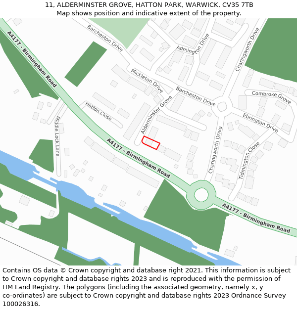 11, ALDERMINSTER GROVE, HATTON PARK, WARWICK, CV35 7TB: Location map and indicative extent of plot