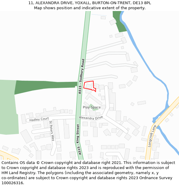 11, ALEXANDRA DRIVE, YOXALL, BURTON-ON-TRENT, DE13 8PL: Location map and indicative extent of plot