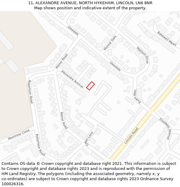 11, ALEXANDRE AVENUE, NORTH HYKEHAM, LINCOLN, LN6 8NR: Location map and indicative extent of plot