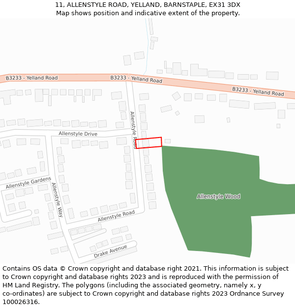 11, ALLENSTYLE ROAD, YELLAND, BARNSTAPLE, EX31 3DX: Location map and indicative extent of plot