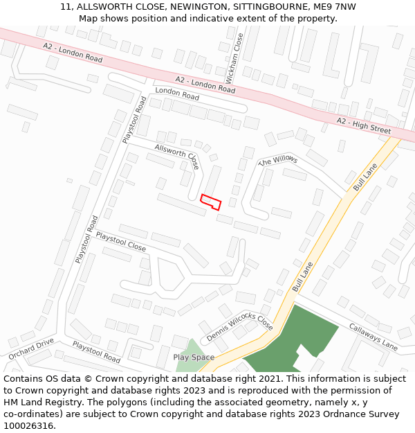 11, ALLSWORTH CLOSE, NEWINGTON, SITTINGBOURNE, ME9 7NW: Location map and indicative extent of plot