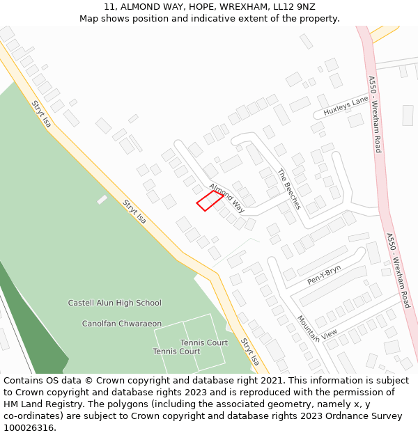 11, ALMOND WAY, HOPE, WREXHAM, LL12 9NZ: Location map and indicative extent of plot