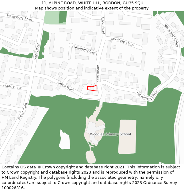 11, ALPINE ROAD, WHITEHILL, BORDON, GU35 9QU: Location map and indicative extent of plot